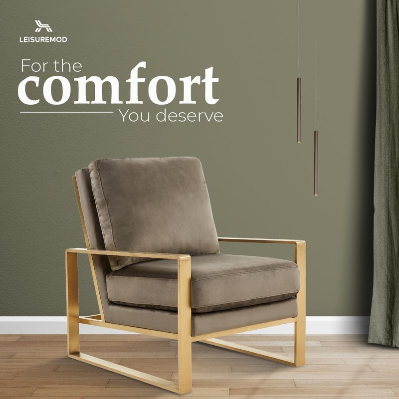 LeisureMod Jefferson Velvet Design Accent Armchair with Gold Brass Finish Frame Comfort