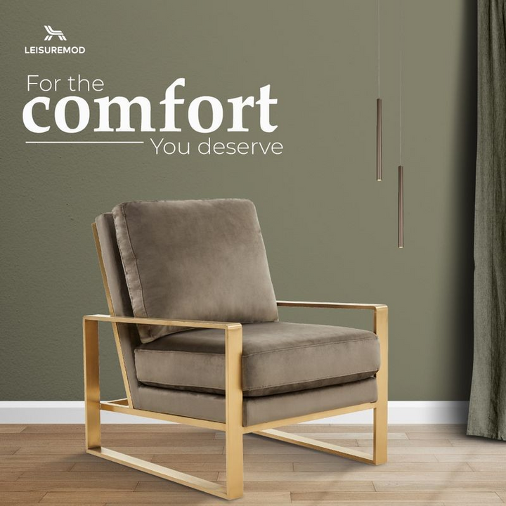 LeisureMod Jefferson Velvet Design Accent Armchair with Gold Brass Finish Frame Comfort