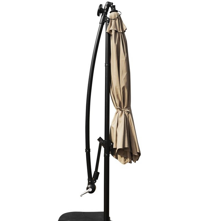 LeisureMod Willry Modern Outdoor 10 Ft Offset Cantilever Hanging Patio Umbrella with Solar Powered LED Beige Closed.