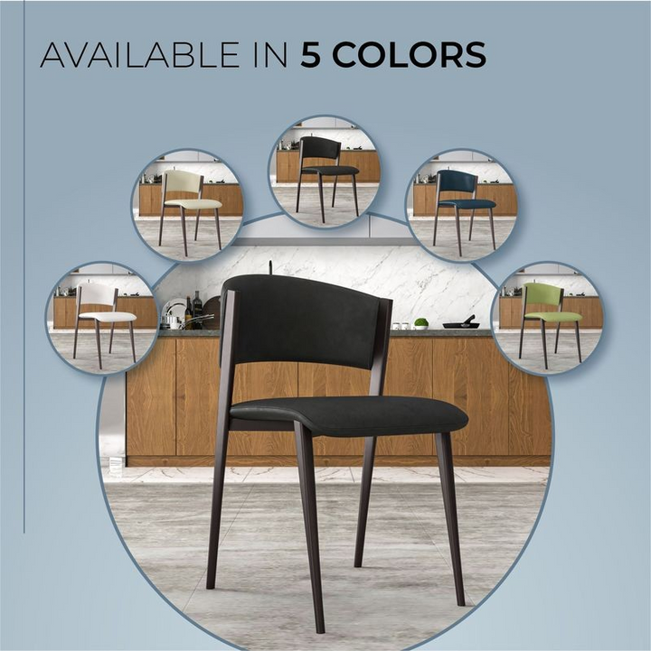 Black chair in a kitchen setting with color options shown in circular insets.