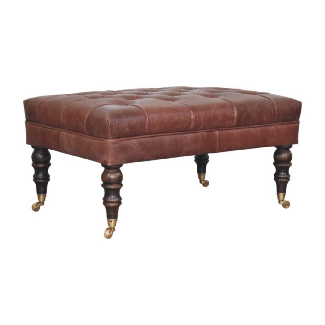 Buffalo Brown Leather Ottoman with Castor Legs Facing Left