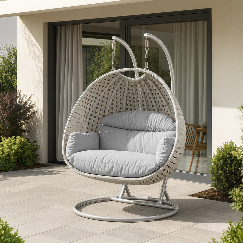 LeisureMod Mendoza Light Grey Wicker Hanging 2 Person Egg Swing Chair White Photo.