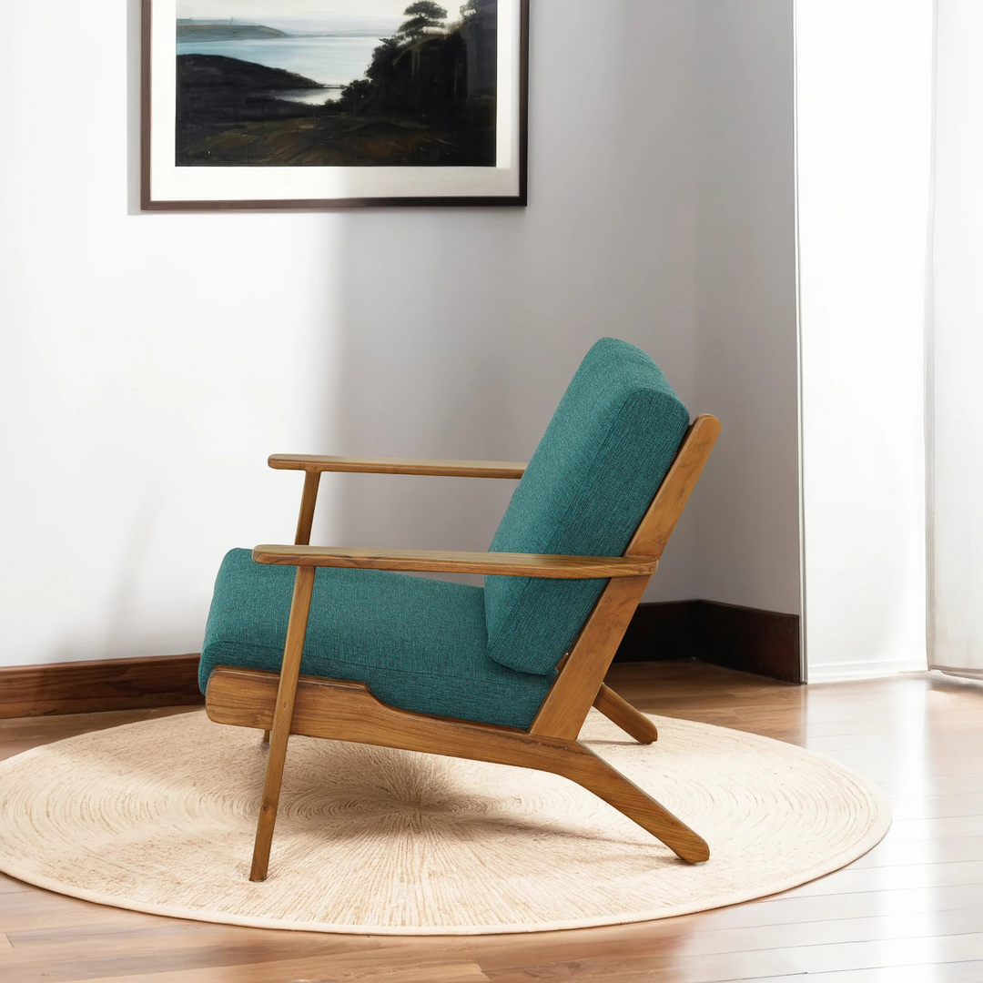 Connor Solid Wood Linen Lounge Chair Teal Side View.