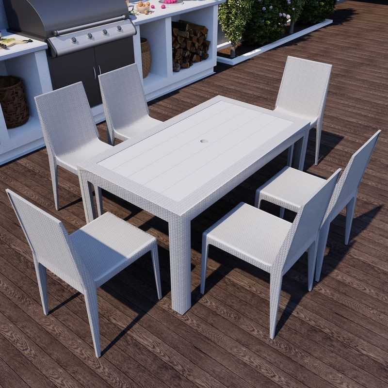 LeisureMod Weave Mace Indoor/Outdoor Dining Chair (Armless) White at Table.