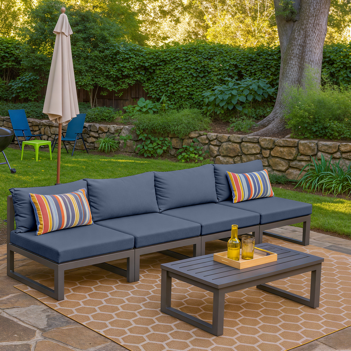 LeisureMod Chelsea 4-Piece Middle Patio Chairs Black Aluminum with Cushions Blue