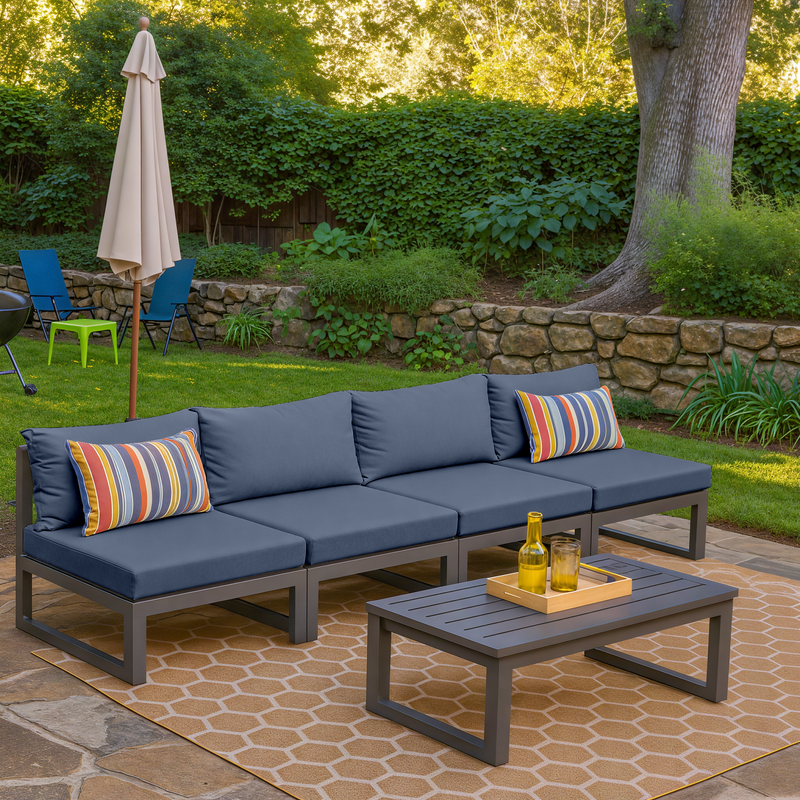 LeisureMod Chelsea 4-Piece Middle Patio Chairs Black Aluminum with Cushions Blue