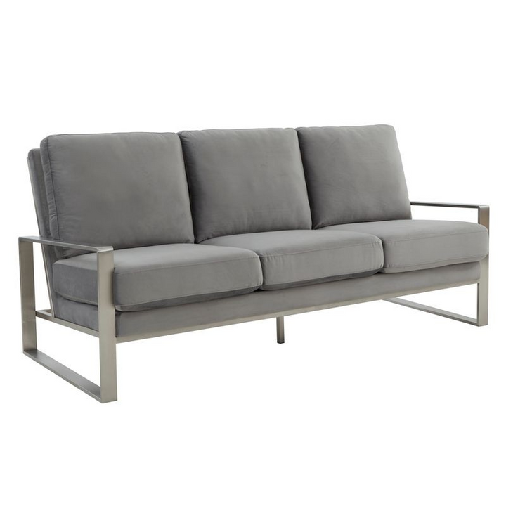 LeisureMod Jefferson Contemporary Modern Design Velvet Sofa with Silver Frame Light Grey
