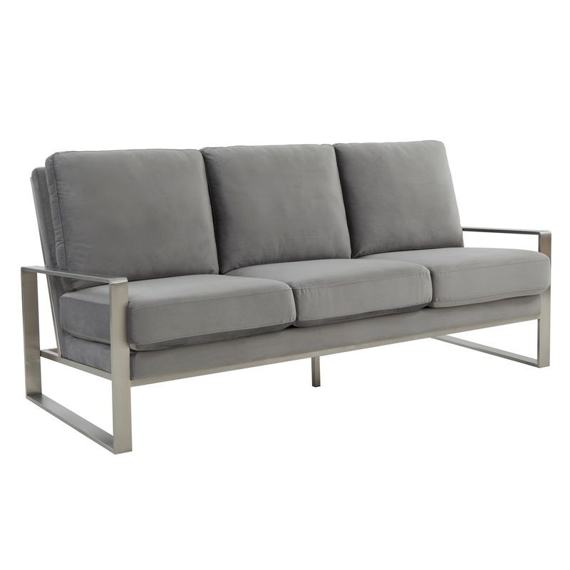 LeisureMod Jefferson Contemporary Modern Design Velvet Sofa with Silver Frame Light Grey
