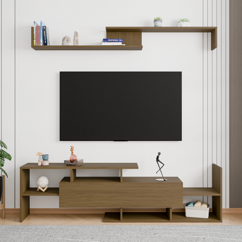 LeisureMod Surrey Modern TV Stand with MDF Shelves and Bookcase in Oak Wood Front View.