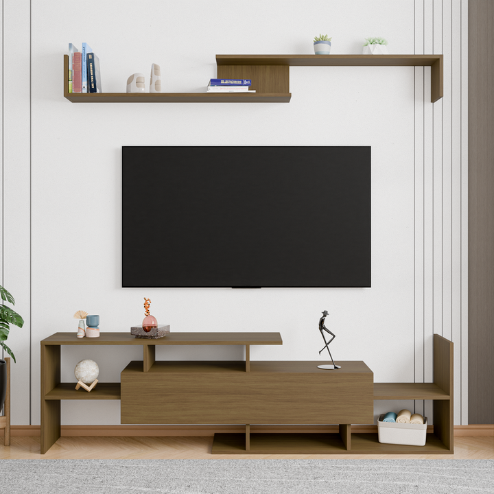 LeisureMod Surrey Modern TV Stand with MDF Shelves and Bookcase in Oak Wood Front View.
