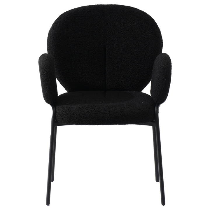 Leisuremod Celestial Series Boucle Dining Armchair with Black Frame and Black Fabric Front View.