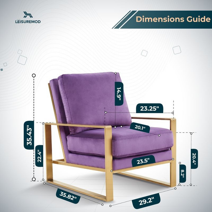 LeisureMod Jefferson Velvet Design Accent Armchair with Gold Brass Finish Frame Purple Dimensions.