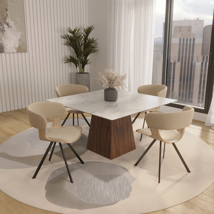 LeisureMod Wooden Dining Chair Modern style Nymia Collection Washed Walnut in Taupe at Table.