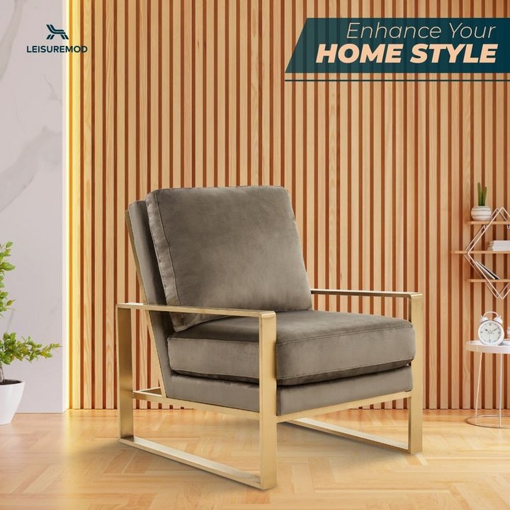 LeisureMod Jefferson Velvet Design Accent Armchair with Gold Brass Finish Frame