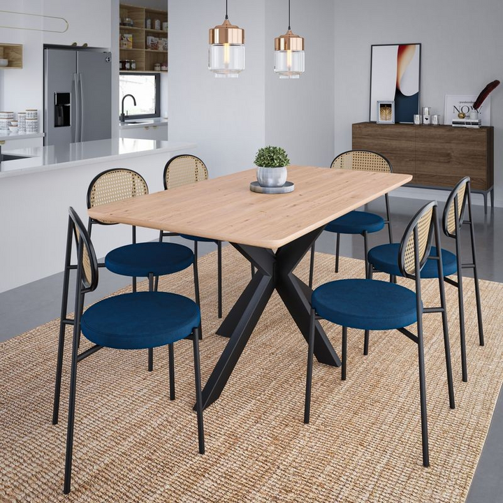LeisureMod Euston Modern Wicker Dining Chair with Velvet Round Seat Navy Blue in Dining Room.