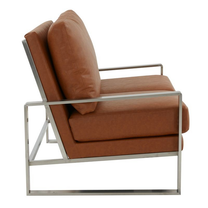 Leisuremod Jefferson Contemporary Modern Faux Leather Loveseat with Silver Frame Cognac Tan Side View.