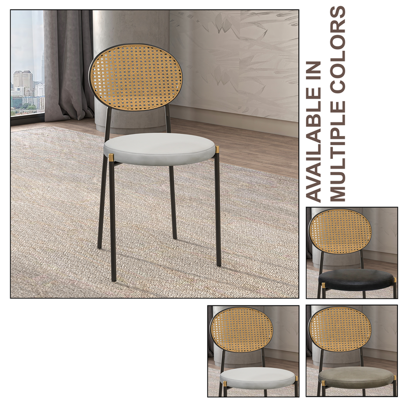 Chair with wicker backrest and black legs in a room setting, with text indicating multiple color options.