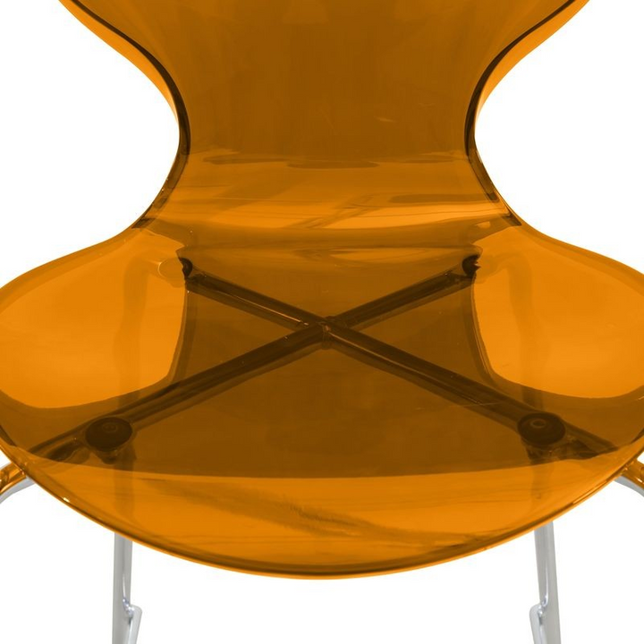 LeisureMod Oyster Acrylic Barstool with Steel Frame in Chrome Finish in Transparent Orange Closeup.