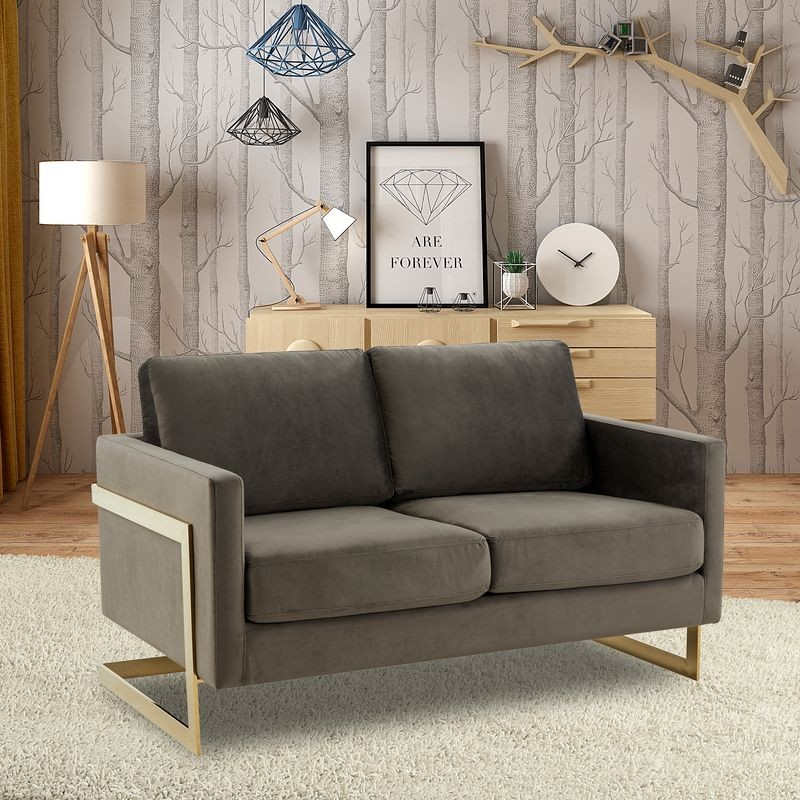 LeisureMod Lincoln Modern Mid-Century Upholstered Velvet Loveseat with Gold Frame Dark Grey with Background.