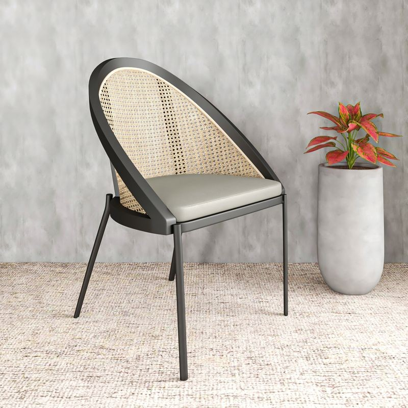 LeisureMod Urbane Collection Modern Dining Chair with Wicker Back in Olive Green with Background.