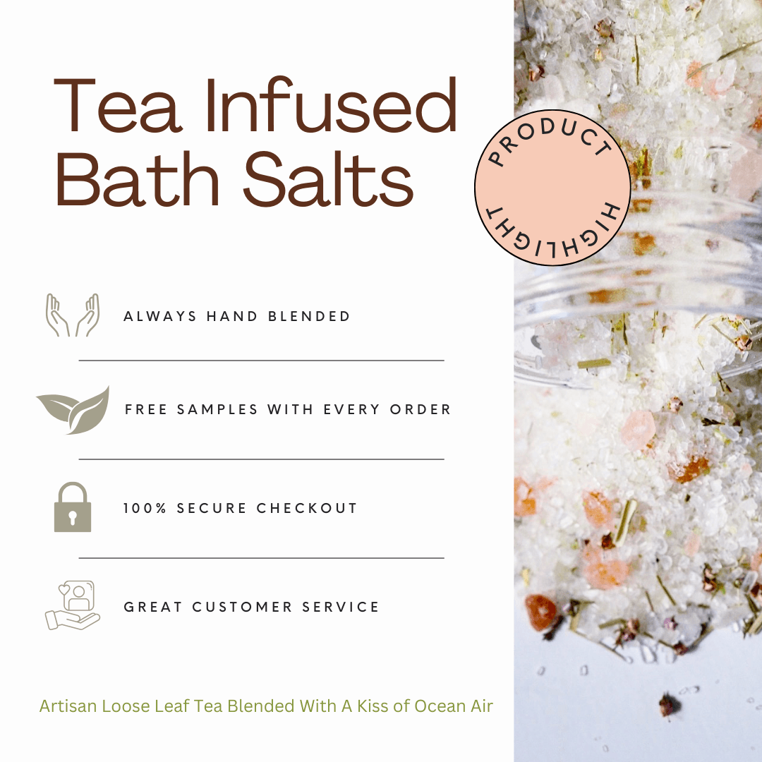 Tea infused bath salts with product highlight label on a white background