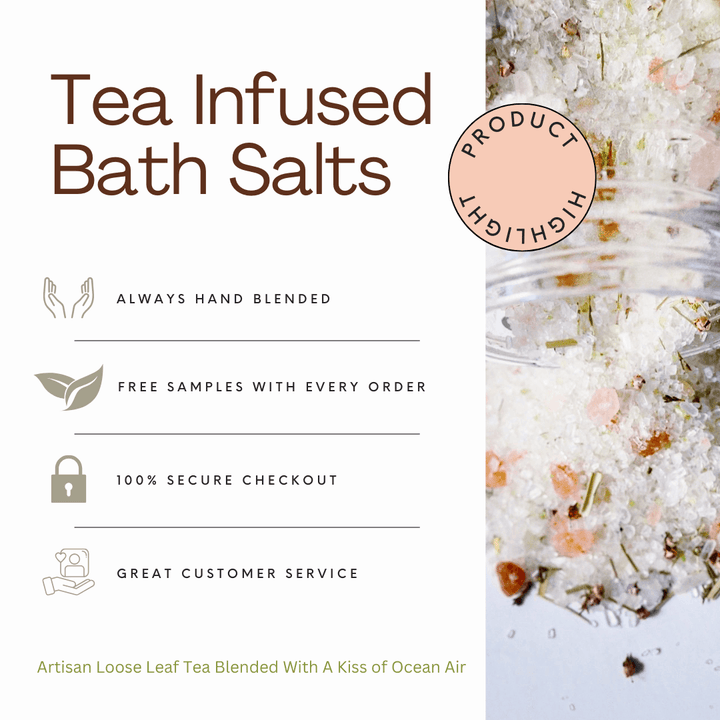 Tea infused bath salts with product highlight label on a white background
