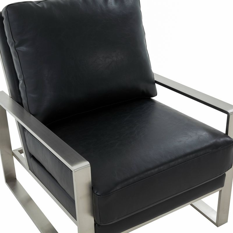 LeisureMod Jefferson Leather Modern Design Accent Armchair with Elegant Silver Frame Black Zoomed In.