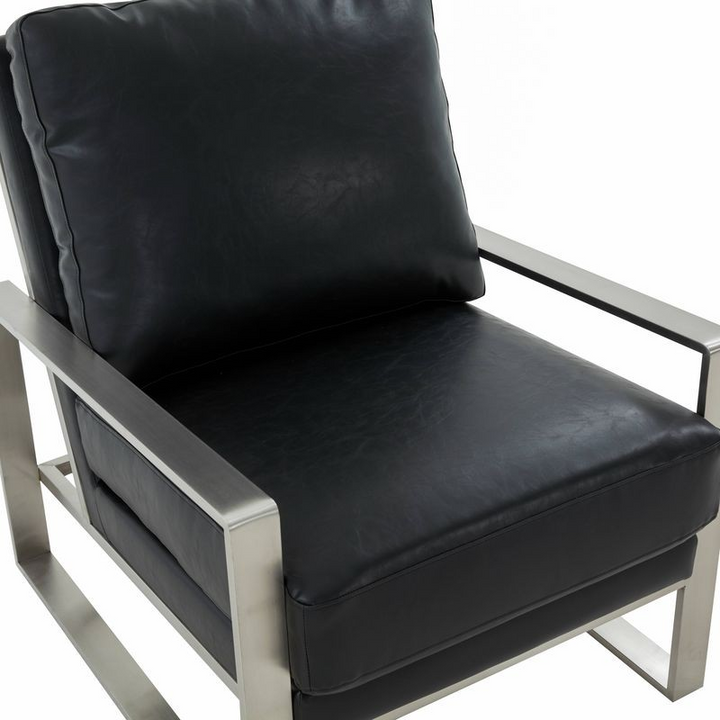 LeisureMod Jefferson Leather Modern Design Accent Armchair with Elegant Silver Frame Black Zoomed In.