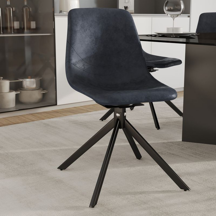 LeisureMod Markley Modern Leather Swivel Dining Chair With Metal Legs in Black with Background.