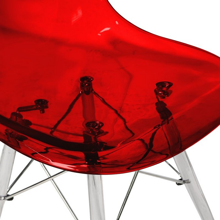 LeisureMod Dover Molded Side Chair with Acrylic Base Transparent Red Closeup.