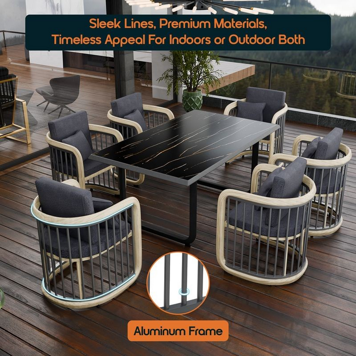 Outdoor dining set with black table and gray chairs on a wooden deck, featuring an aluminum frame label.