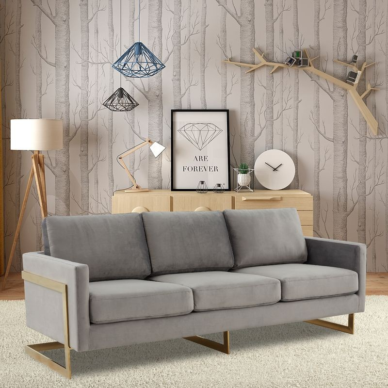 LeisureMod Lincoln Modern Mid-Century Upholstered Velvet Sofa with Gold Frame Light Grey with Background.