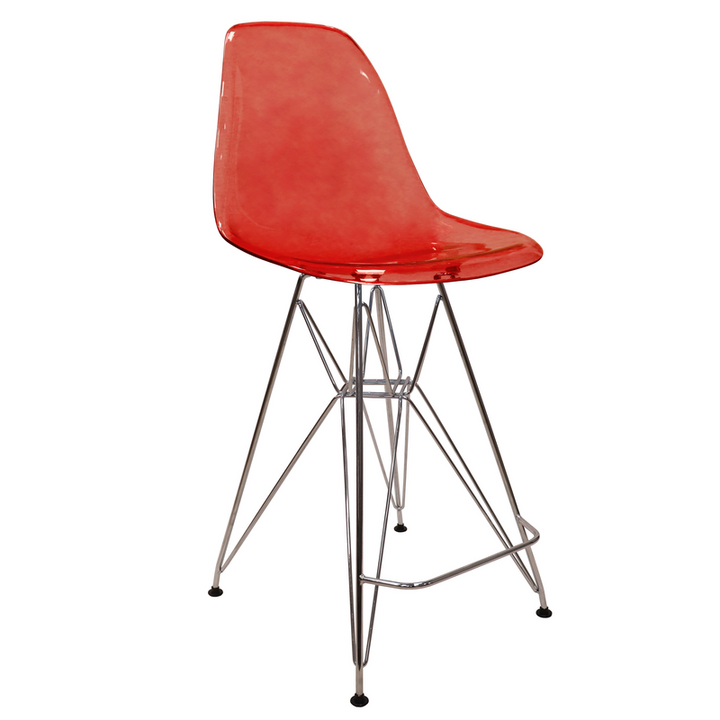 LeisureMod Cresco Modern Acrylic Barstool with Chrome Base and Footrest in Transparent Red