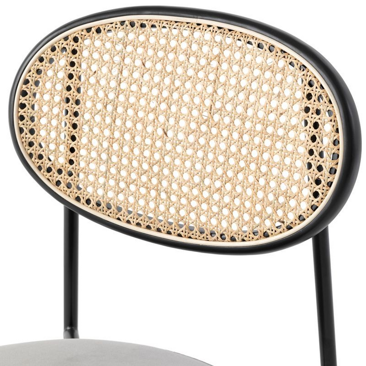 LeisureMod Euston Modern Wicker Dining Chair with Velvet Round Seat Grey Zoomed Wicker.