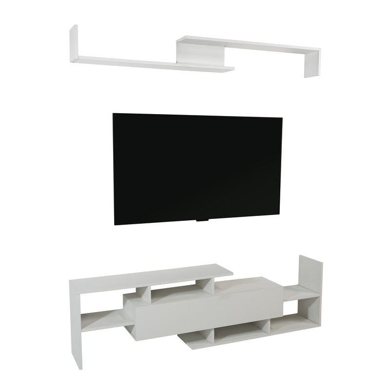 LeisureMod Surrey Modern TV Stand with MDF Shelves and Bookcase in White