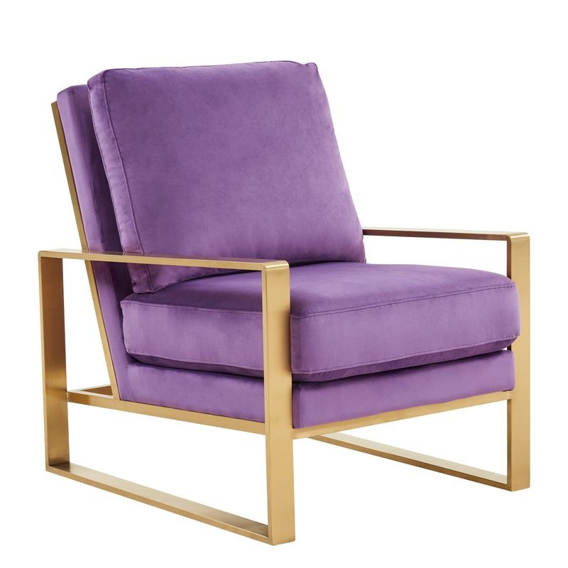 LeisureMod Jefferson Velvet Design Accent Armchair with Gold Brass Finish Frame Purple Angled View.