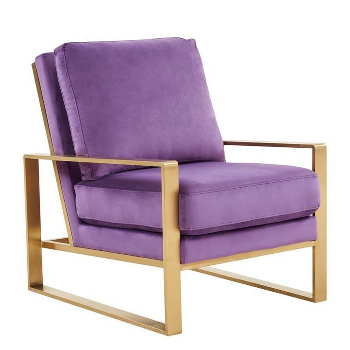 LeisureMod Jefferson Velvet Design Accent Armchair with Gold Brass Finish Frame Purple Angled View.