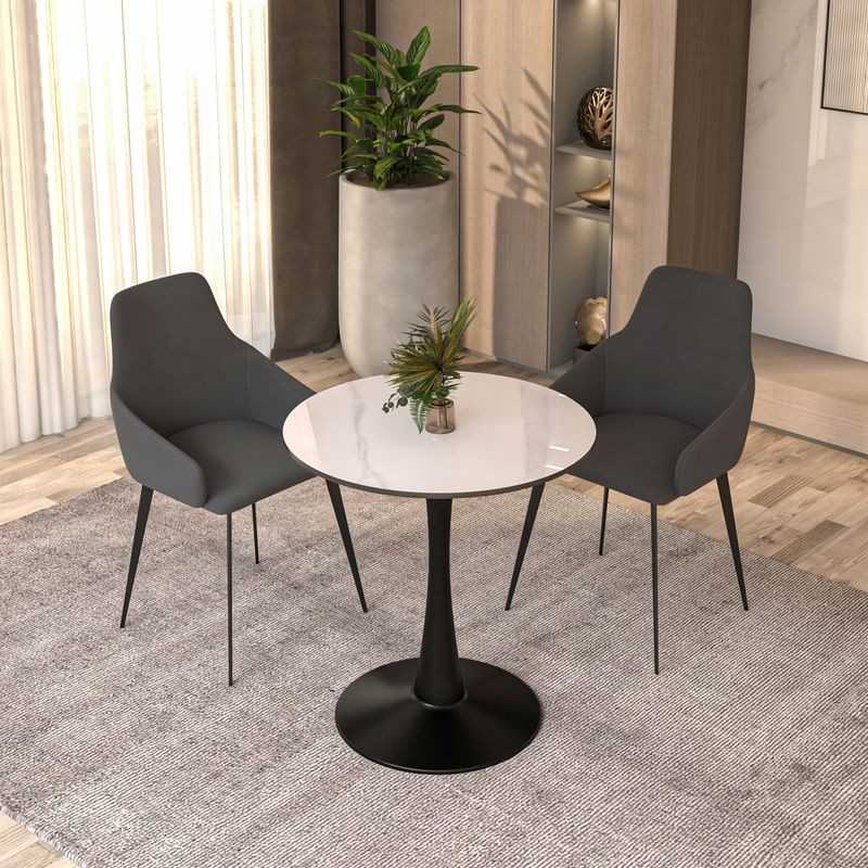 Leisuremod Bristol 27 Round Dining Table Black Base with White Sintered Stone Top in Room.