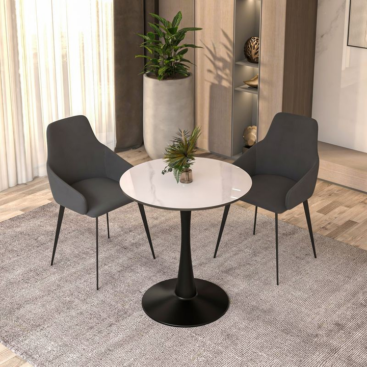 Leisuremod Bristol 27 Round Dining Table Black Base with White Sintered Stone Top in Room.