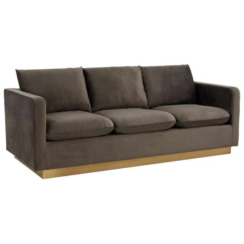LeisureMod Nervo Modern Mid-Century Upholstered Velvet Sofa with Gold Frame Dark Grey