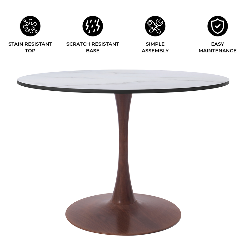 LeisureMod Bristol 40" Round Dining Table Wood Transfer Walnut Base with MDF Marbled White Top Details.