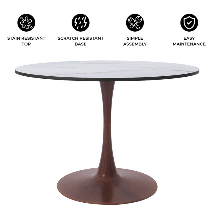 LeisureMod Bristol 40" Round Dining Table Wood Transfer Walnut Base with MDF Marbled White Top Details.