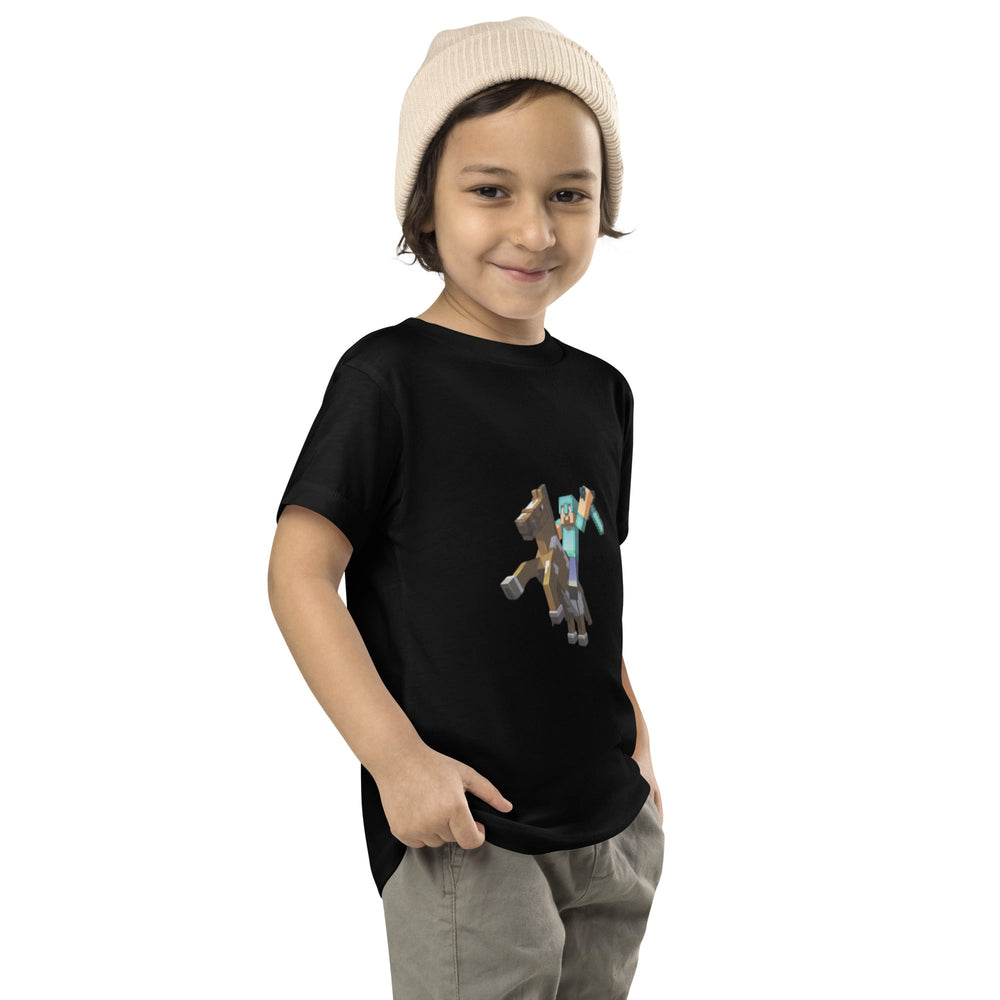 Child wearing a black t-shirt with a graphic design on a white background.