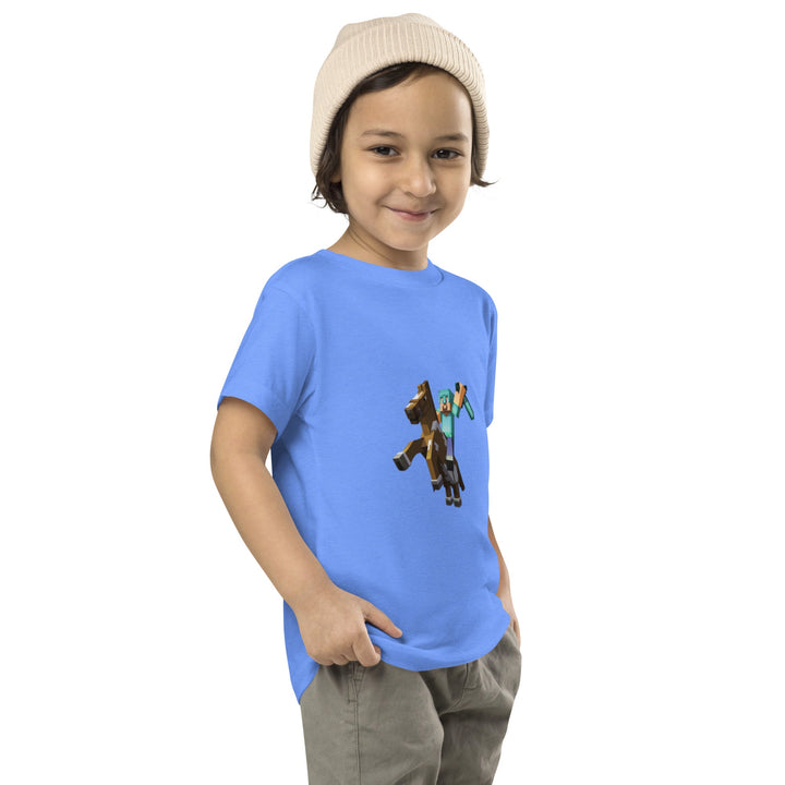 Child wearing a blue t-shirt with a graphic design on a white background.