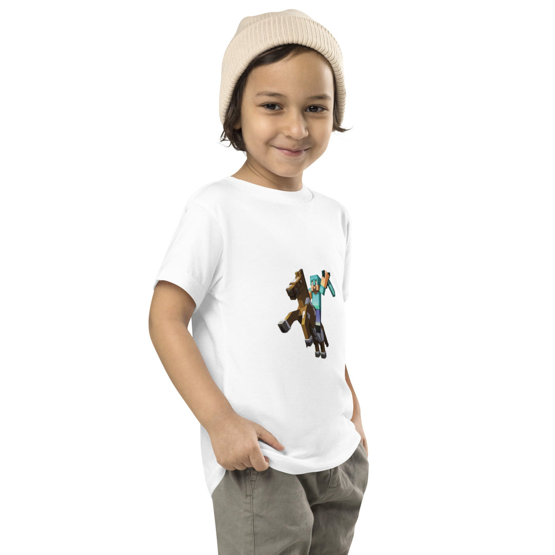 Child wearing a white t-shirt with a graphic design on a white background.