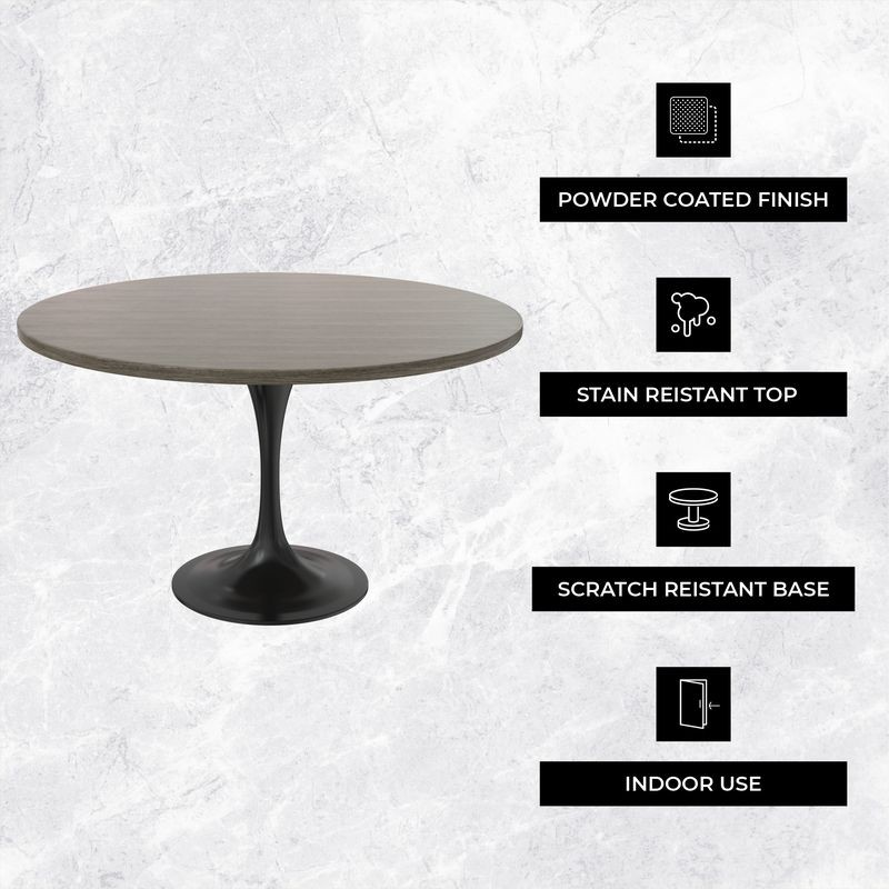 LeisureMod Verve Collection 48 Round Dining Table, Black Base with Dark Maple MDF Top Details.