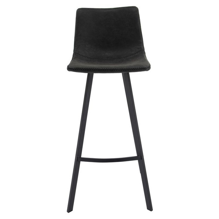 LeisureMod Elland Modern Upholstered Leather Bar Stool with Iron Legs and Footrest Front View.