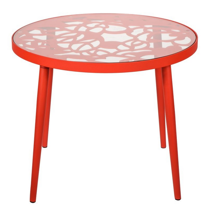 LeisureMod Devon Mid-Century Modern 3-Piece Aluminum Outdoor Patio Dining Set with Tempered Glass Top Table and 2 Stackable Flower Design Chairs Red Table.