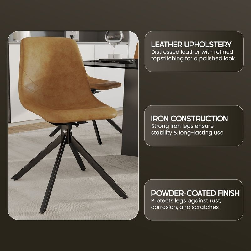 Brown leather chair with black iron legs in a modern interior setting.