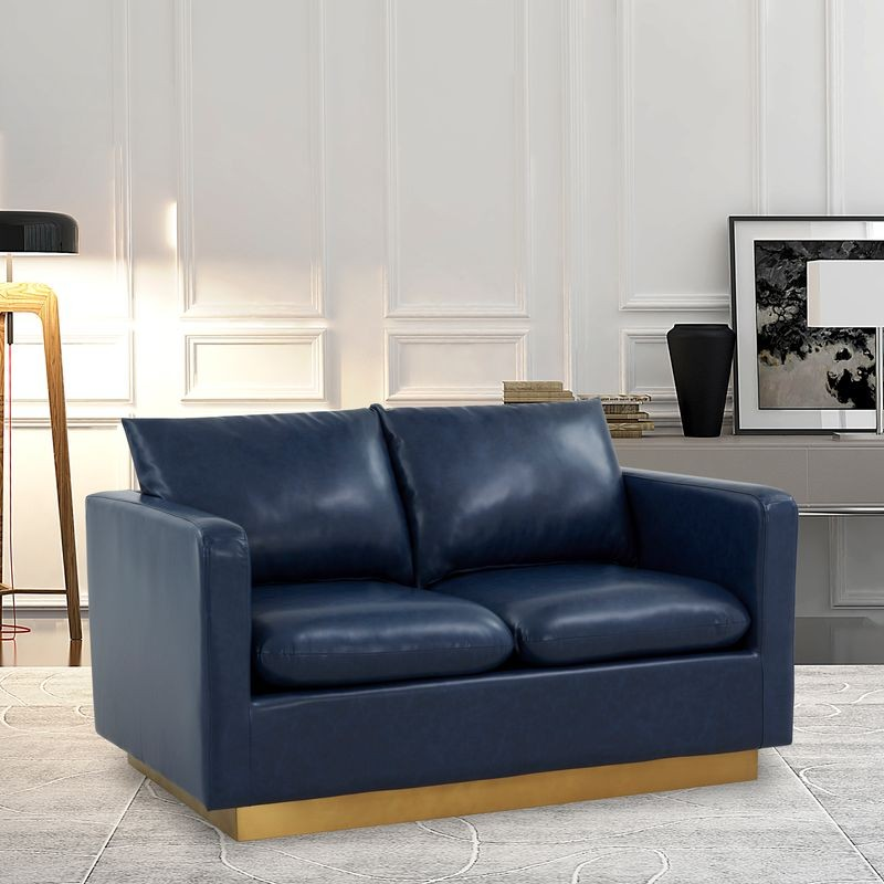 LeisureMod Nervo Modern Mid-Century Upholstered Faux Leather Loveseat with Gold Frame Navy Blue with Background.